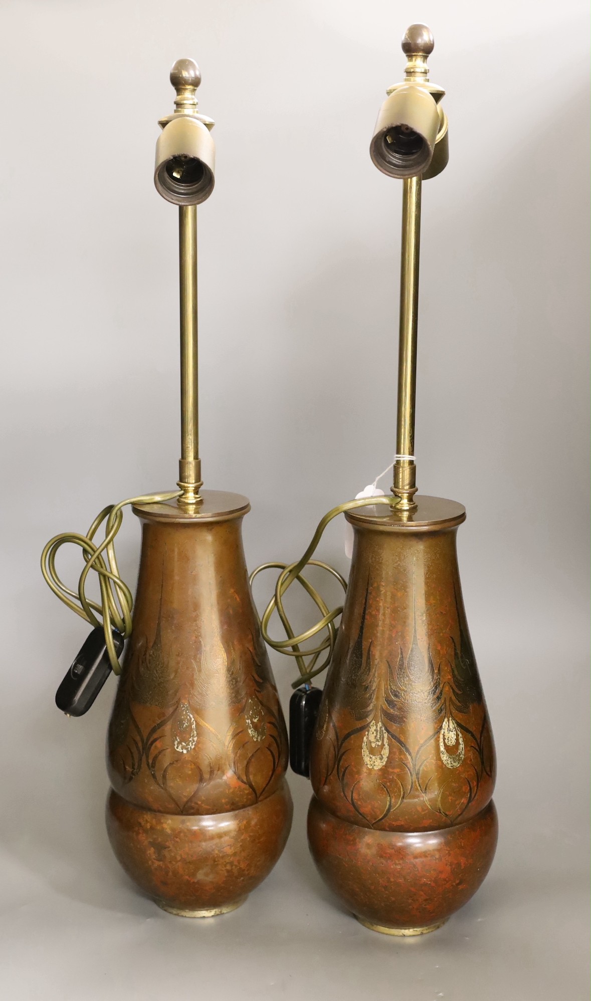 A pair of WMF Ikora bronze vases, converted to lamps, vases 31cm high